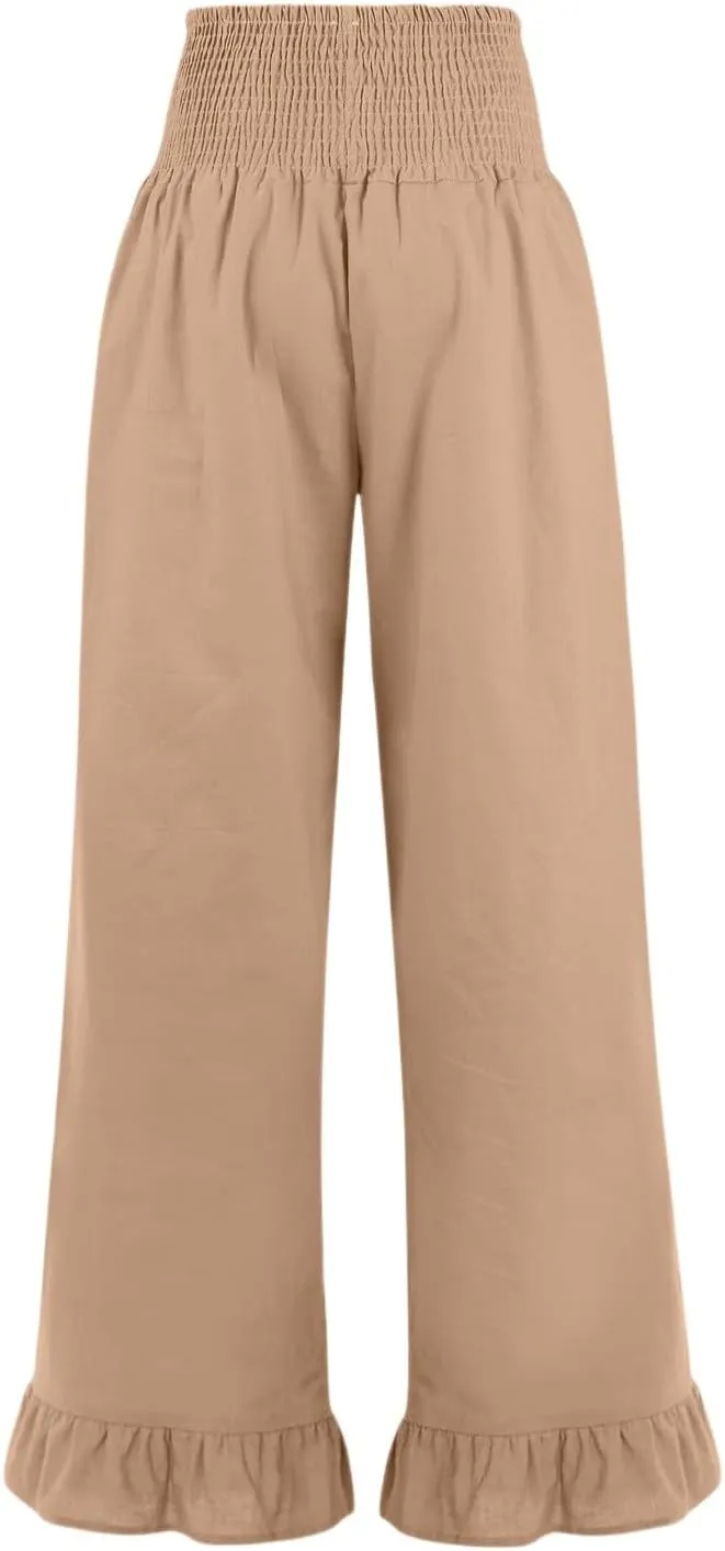 Wide Leg Linen Pants for Women Beach Vacation Ruffle Hem Palazzo Pants Baggy High Waist Smocked Pants with Pockets