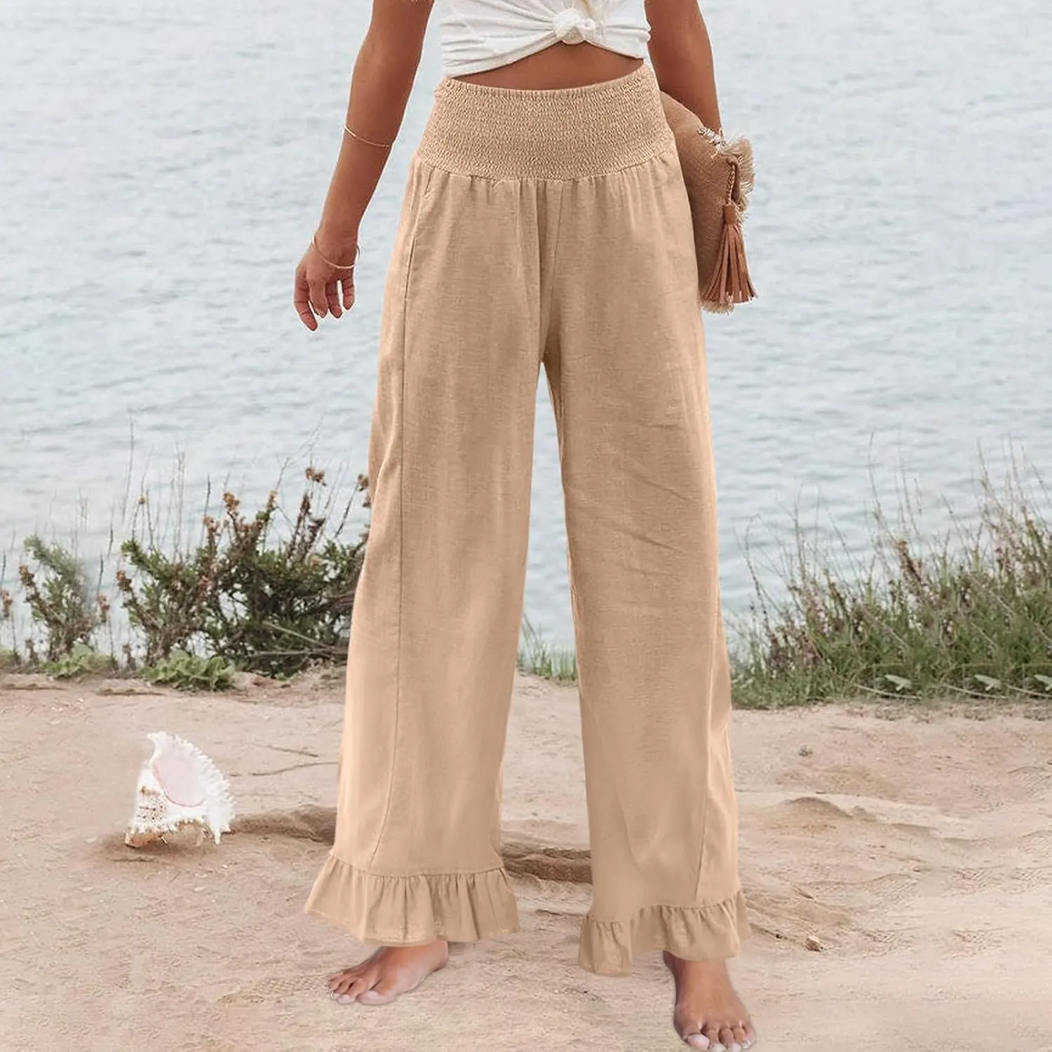 Wide Leg Linen Pants for Women Beach Vacation Ruffle Hem Palazzo Pants Baggy High Waist Smocked Pants with Pockets
