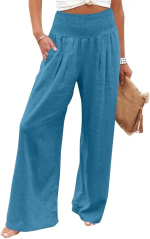 Wide Leg Linen Pants for Women High Waist Summer Palazzo Pants Smocked Elastic Pant Dressy Trouser with Pockets