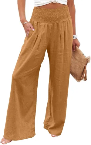 Wide Leg Linen Pants for Women Summer Smocked High Waisted Casual Palazzo Pants Lounge Trouser with Pockets (S-XXL)