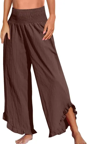 Wide Leg Pants for Women Cotton Linen Palazzo Pants Summer Beach Pant Elastic Waist Flowy Travel Vacation Trousers