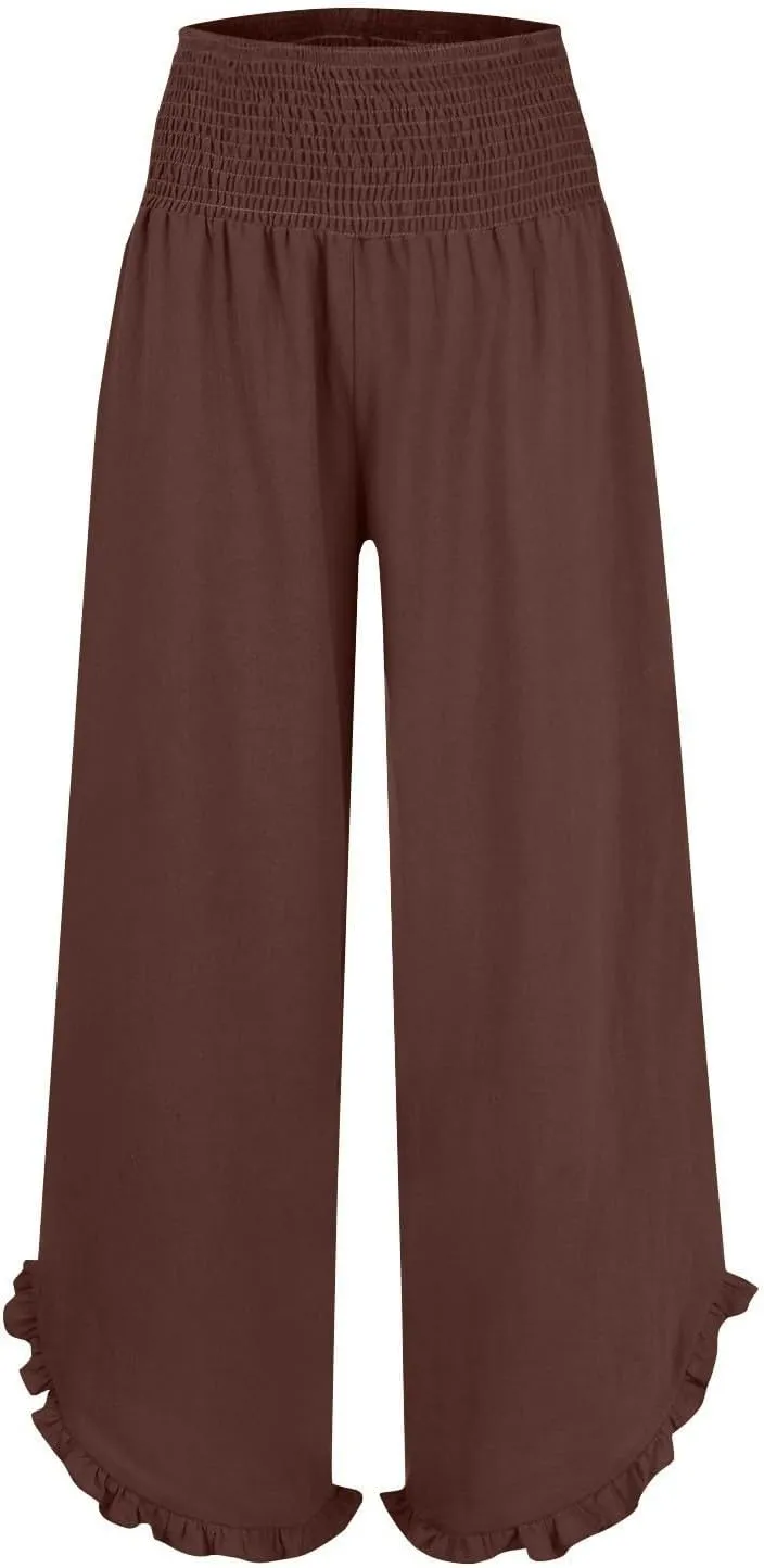 Wide Leg Pants for Women Cotton Linen Palazzo Pants Summer Beach Pant Elastic Waist Flowy Travel Vacation Trousers