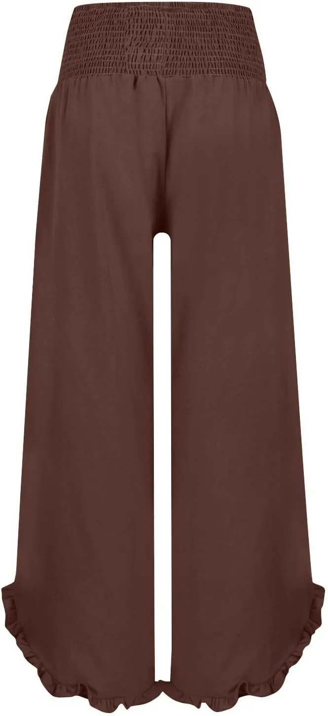 Wide Leg Pants for Women Cotton Linen Palazzo Pants Summer Beach Pant Elastic Waist Flowy Travel Vacation Trousers