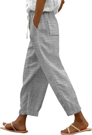 Wide Leg Pants Woman Womens Plus Size 2024 Casual Boho Floral Linen Pants Elastic Waist Drawstring Summer Beach Baggy Trousers with PocketsGrey,Medium