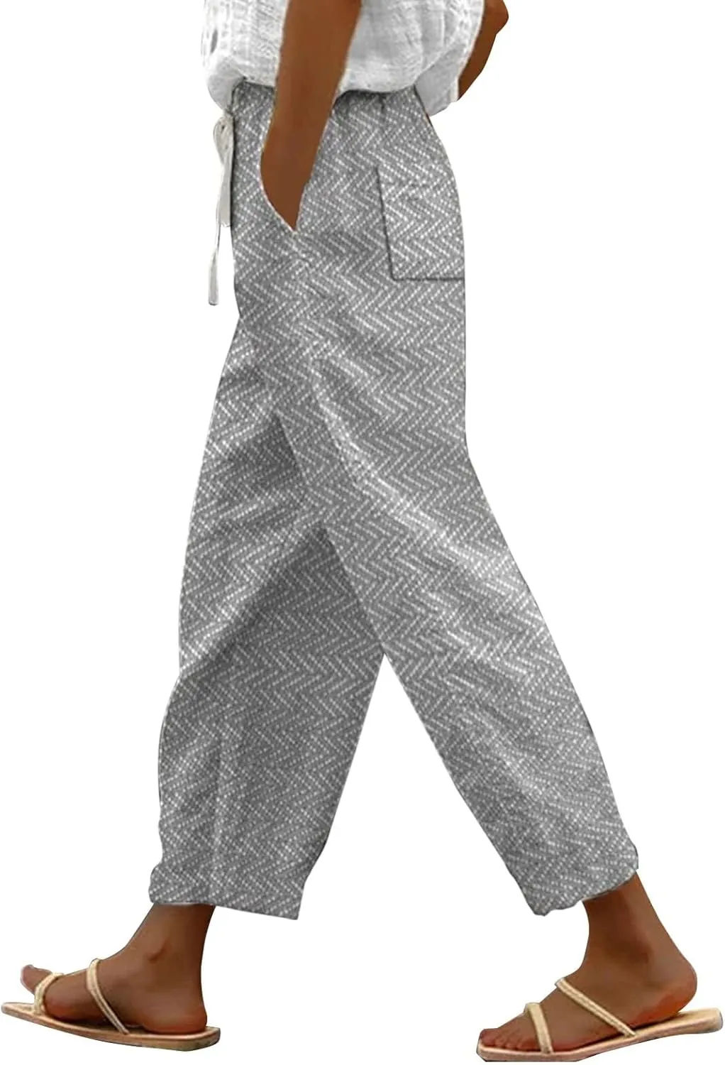 Wide Leg Pants Woman Womens Plus Size 2024 Casual Boho Floral Linen Pants Elastic Waist Drawstring Summer Beach Baggy Trousers with PocketsGrey,Medium