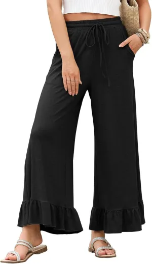 Wide Leg Trouser Pants for Women Drawstring High Waisted Ruffle Hem Palazzo Pants with Pockets Boho Flowy Pants