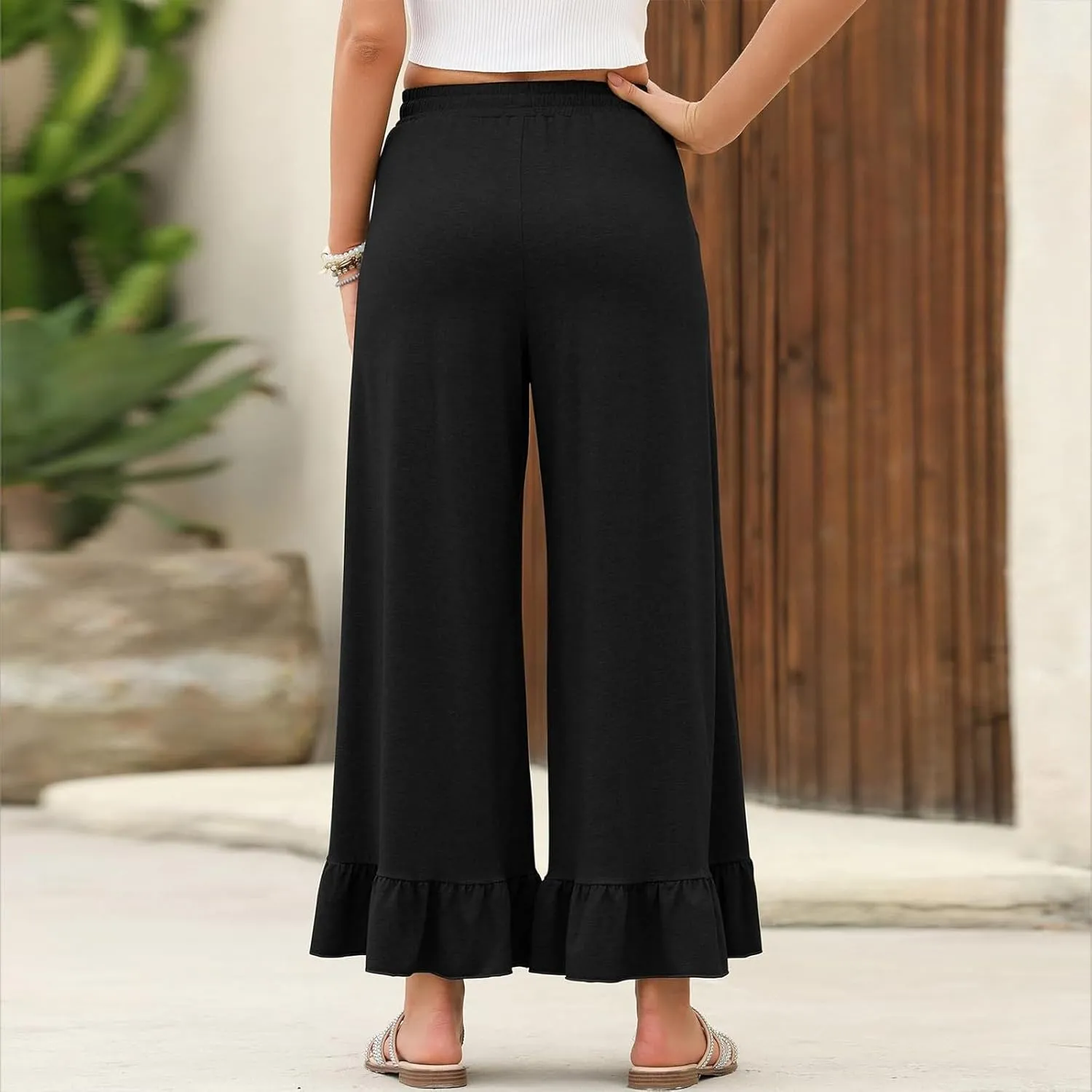 Wide Leg Trouser Pants for Women Drawstring High Waisted Ruffle Hem Palazzo Pants with Pockets Boho Flowy Pants