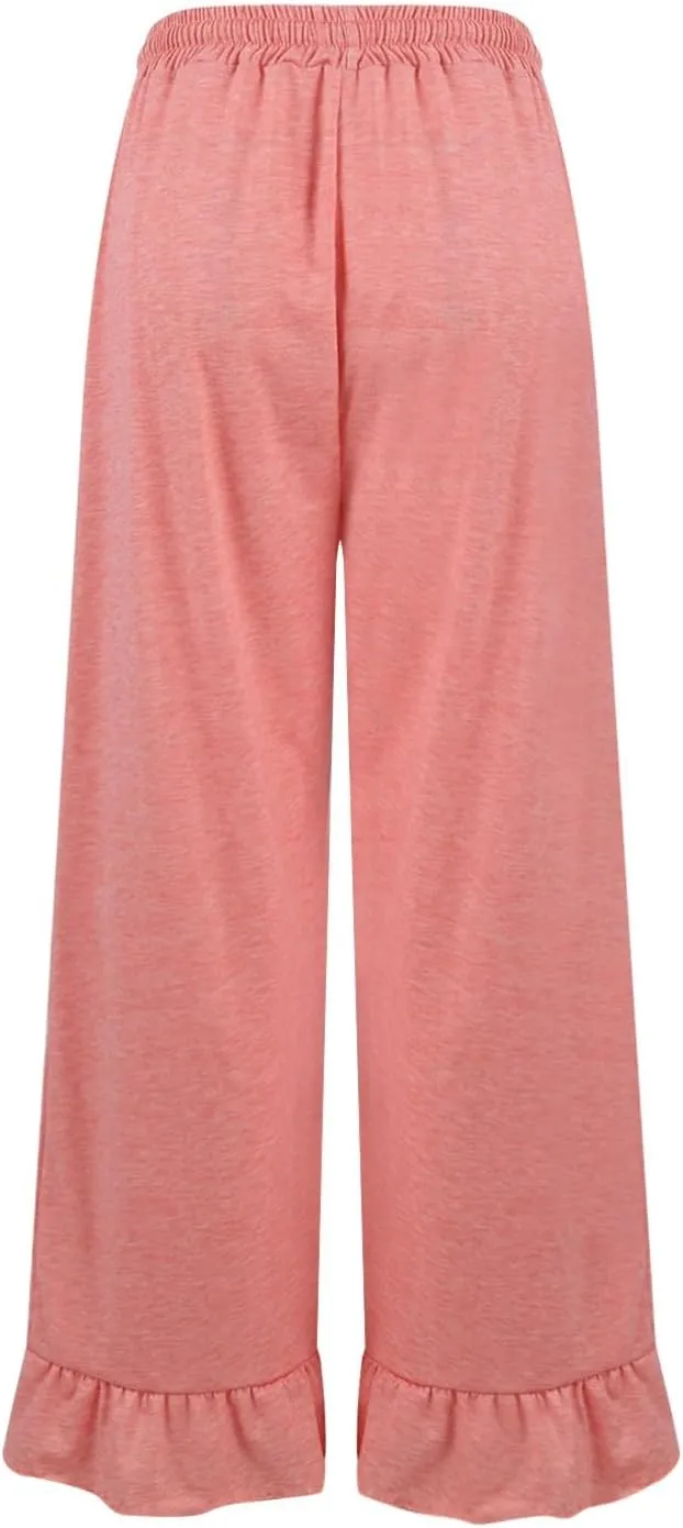 Wide Leg Trouser Pants for Women Drawstring High Waisted Ruffle Hem Palazzo Pants with Pockets Boho Flowy Pants