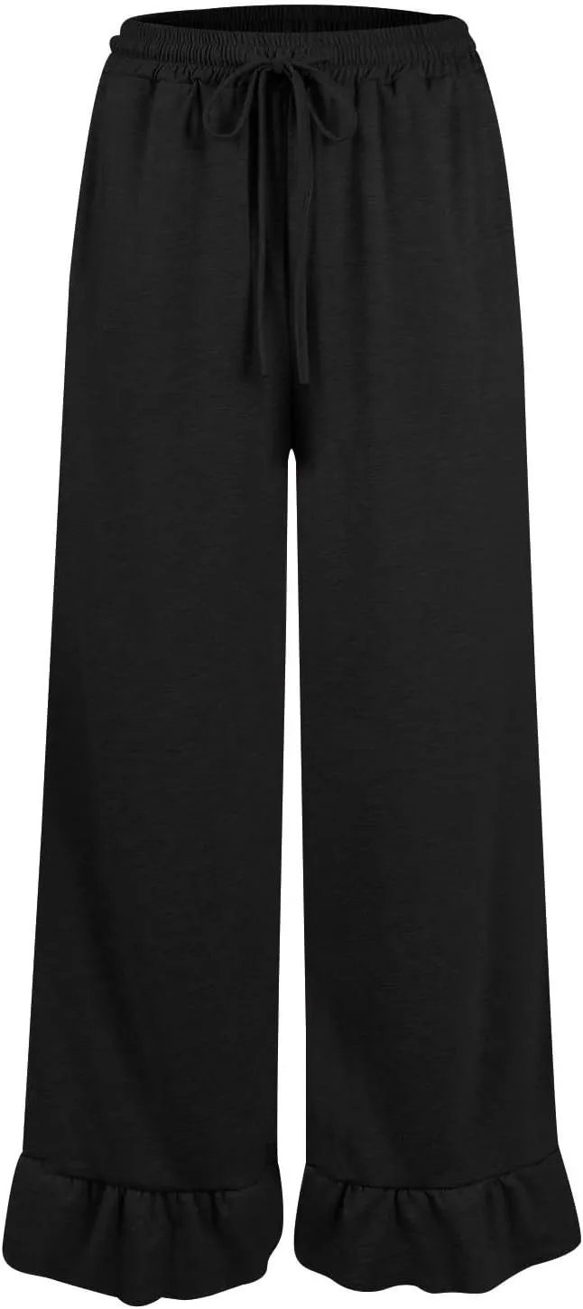 Wide Leg Trouser Pants for Women Drawstring High Waisted Ruffle Hem Palazzo Pants with Pockets Boho Flowy Pants