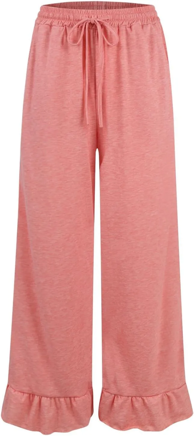 Wide Leg Trouser Pants for Women Drawstring High Waisted Ruffle Hem Palazzo Pants with Pockets Boho Flowy Pants