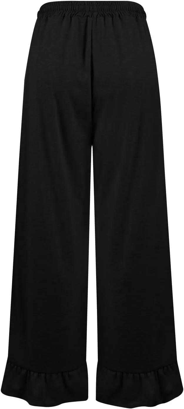 Wide Leg Trouser Pants for Women Drawstring High Waisted Ruffle Hem Palazzo Pants with Pockets Boho Flowy Pants