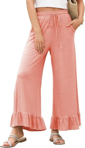 Wide Leg Trouser Pants for Women Drawstring High Waisted Ruffle Hem Palazzo Pants with Pockets Boho Flowy Pants