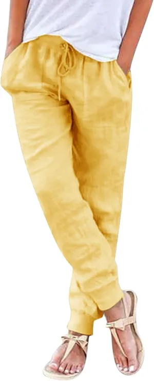 Wide Leg Trousers Women Tall Elastic Summer Linen 2024 Straight Leg Pants Drawstring Comfy Trousers with Pockets