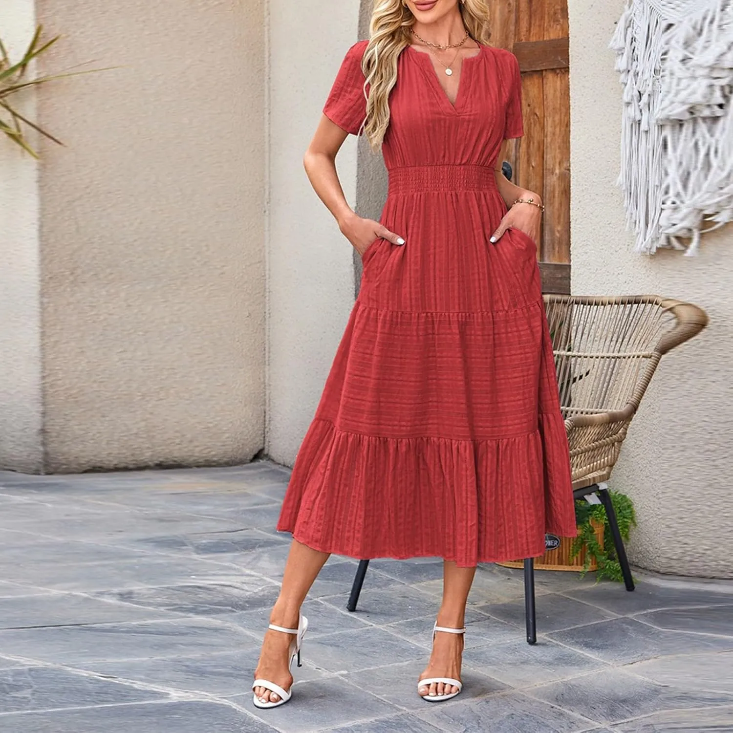 Women 2025 Sping Summer Dress V Neck Smocked Waist Casual Flowy A Line Tiered Work Midi Dresses