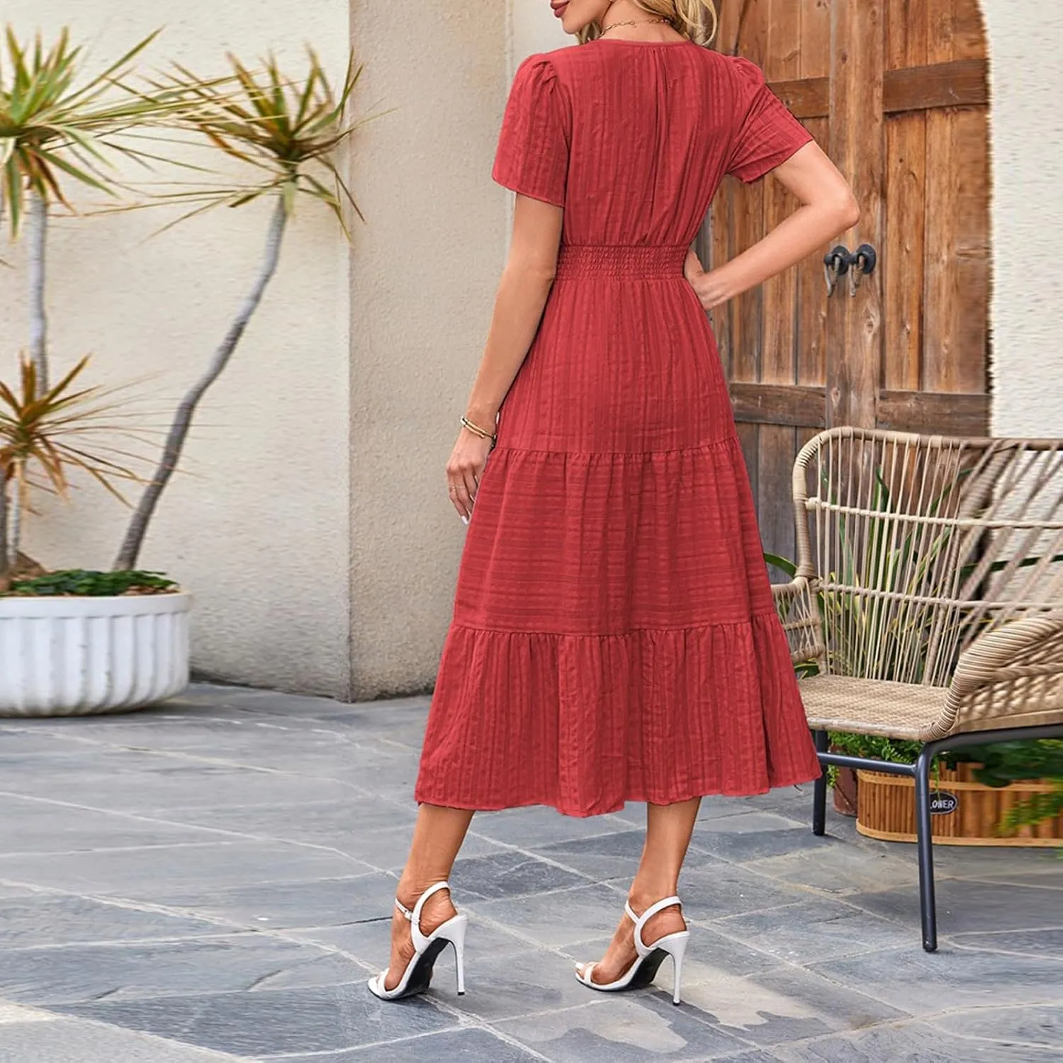 Women 2025 Sping Summer Dress V Neck Smocked Waist Casual Flowy A Line Tiered Work Midi Dresses