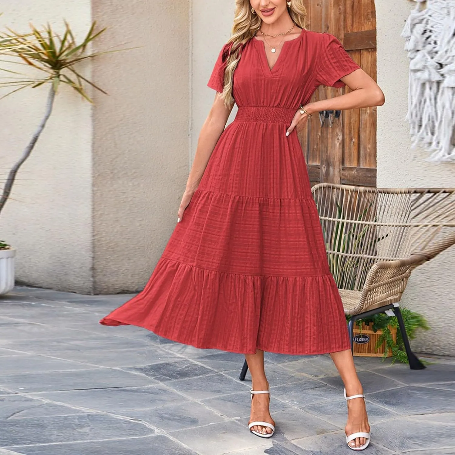 Women 2025 Sping Summer Dress V Neck Smocked Waist Casual Flowy A Line Tiered Work Midi Dresses