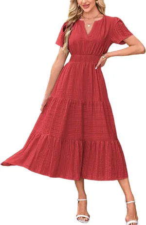Women 2025 Sping Summer Dress V Neck Smocked Waist Casual Flowy A Line Tiered Work Midi Dresses