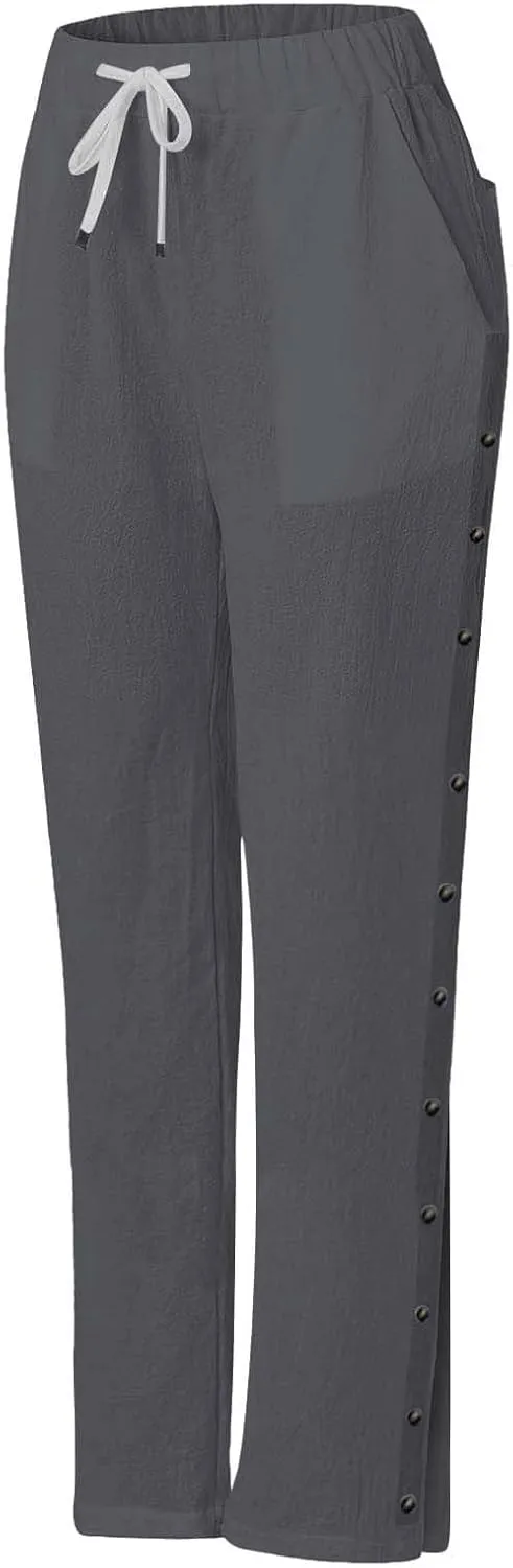 Women Beach Pants Linen Capri Pants Summer Casual Trousers Ladies Pinstripe Pant Drawstring Elastic Waist Pant