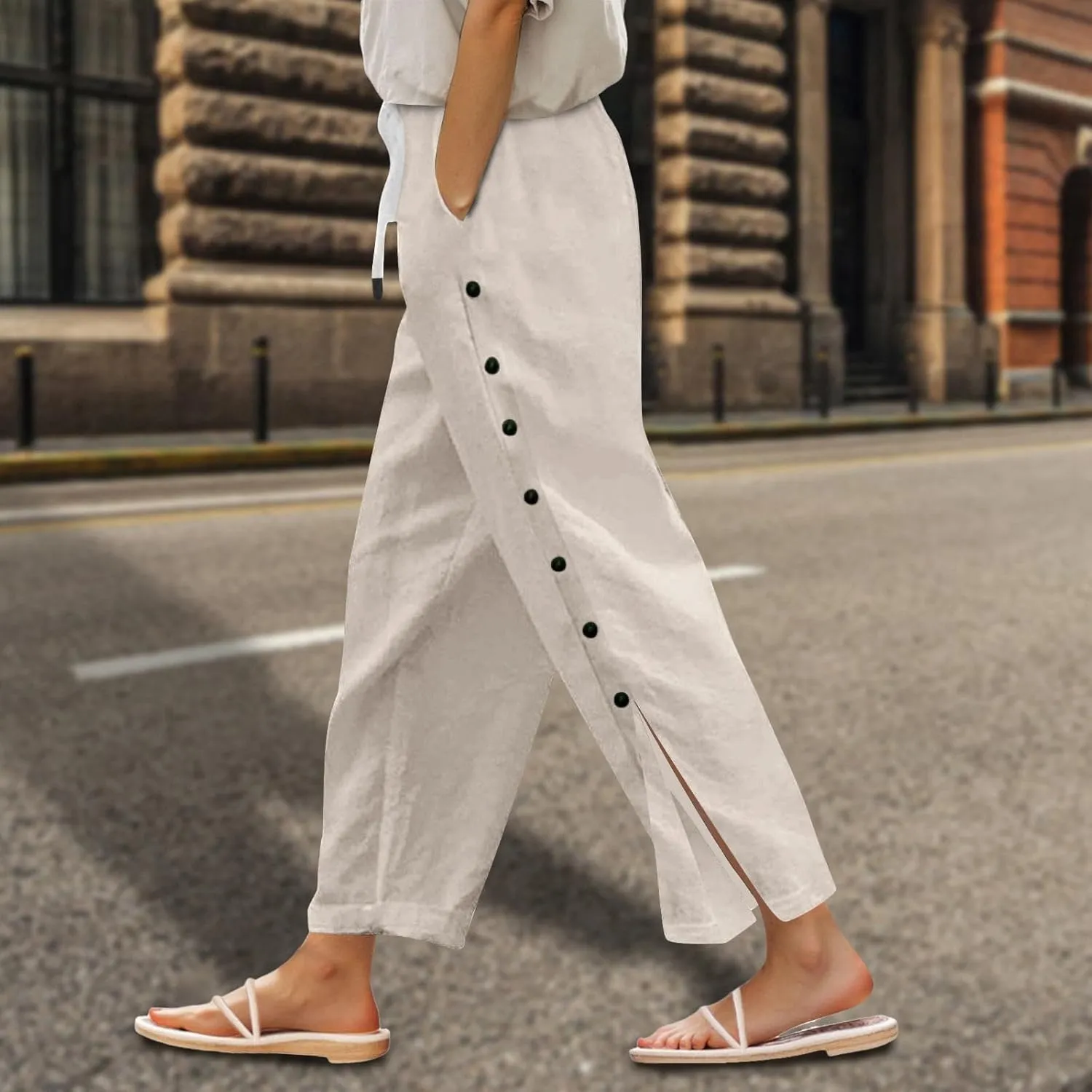 Women Beach Pants Linen Capri Pants Summer Casual Trousers Ladies Pinstripe Pant Drawstring Elastic Waist Pant