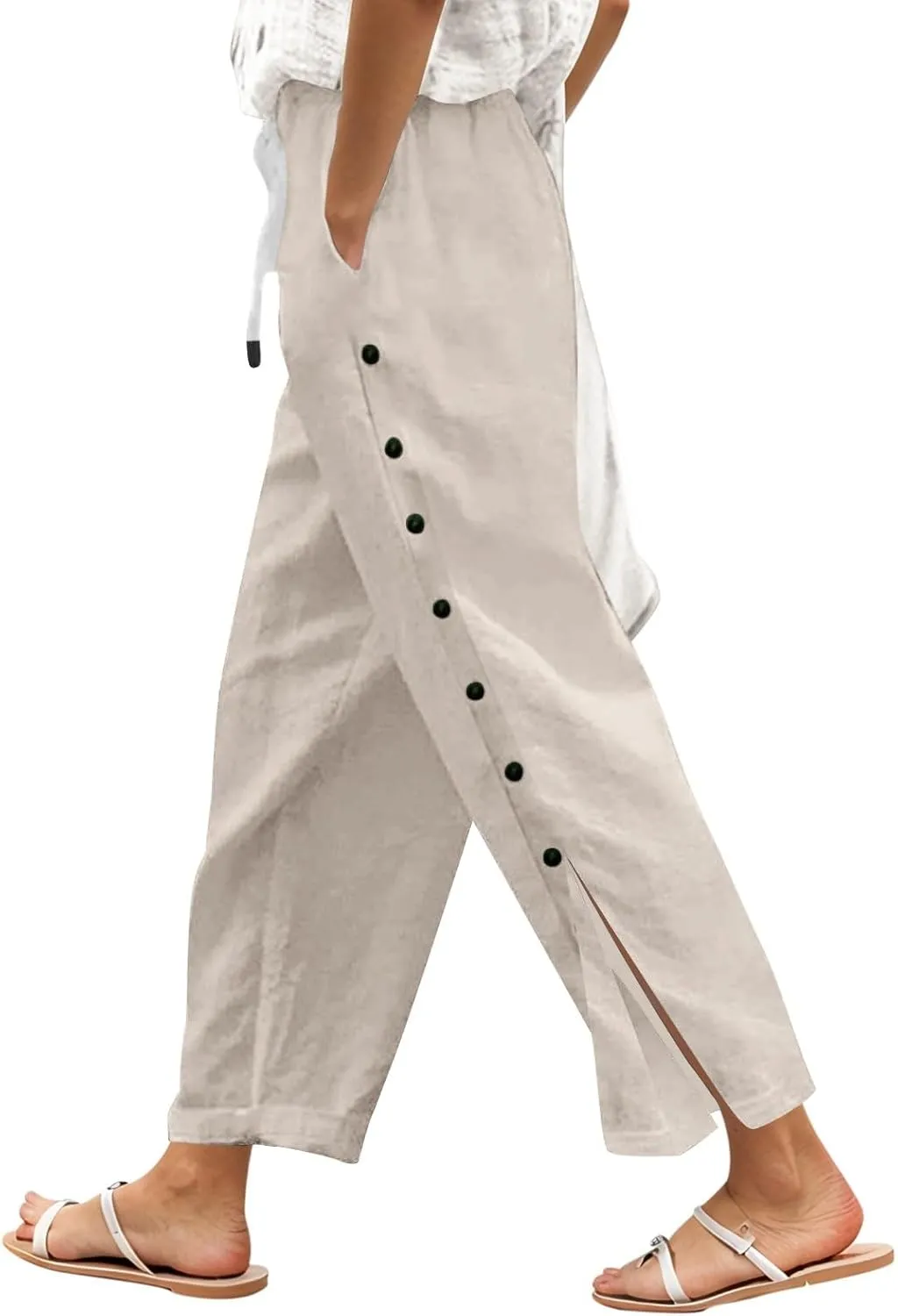 Women Beach Pants Linen Capri Pants Summer Casual Trousers Ladies Pinstripe Pant Drawstring Elastic Waist Pant