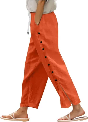 Women Beach Pants Linen Capri Pants Summer Casual Trousers Ladies Pinstripe Pant Drawstring Elastic Waist Pant