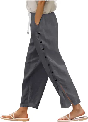 Women Beach Pants Linen Capri Pants Summer Casual Trousers Ladies Pinstripe Pant Drawstring Elastic Waist Pant