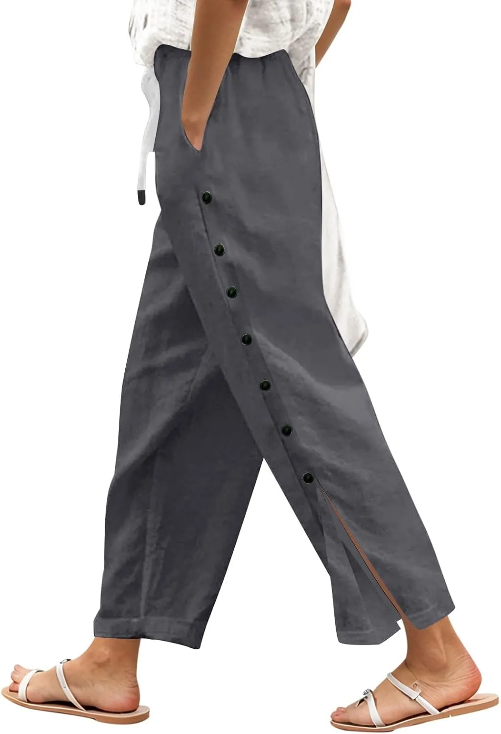 Women Beach Pants Linen Capri Pants Summer Casual Trousers Ladies Pinstripe Pant Drawstring Elastic Waist Pant