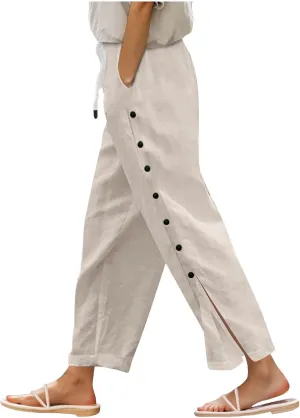 Women Beach Pants Linen Capri Pants Summer Casual Trousers Ladies Pinstripe Pant Drawstring Elastic Waist Pant