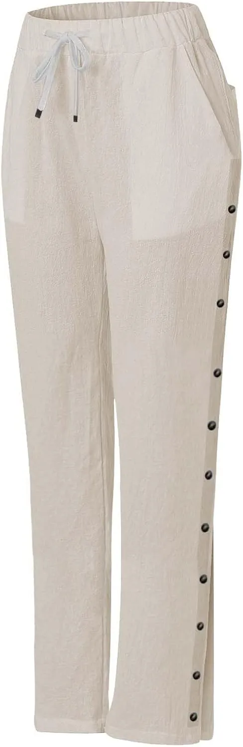 Women Beach Pants Linen Capri Pants Summer Casual Trousers Ladies Pinstripe Pant Drawstring Elastic Waist Pant