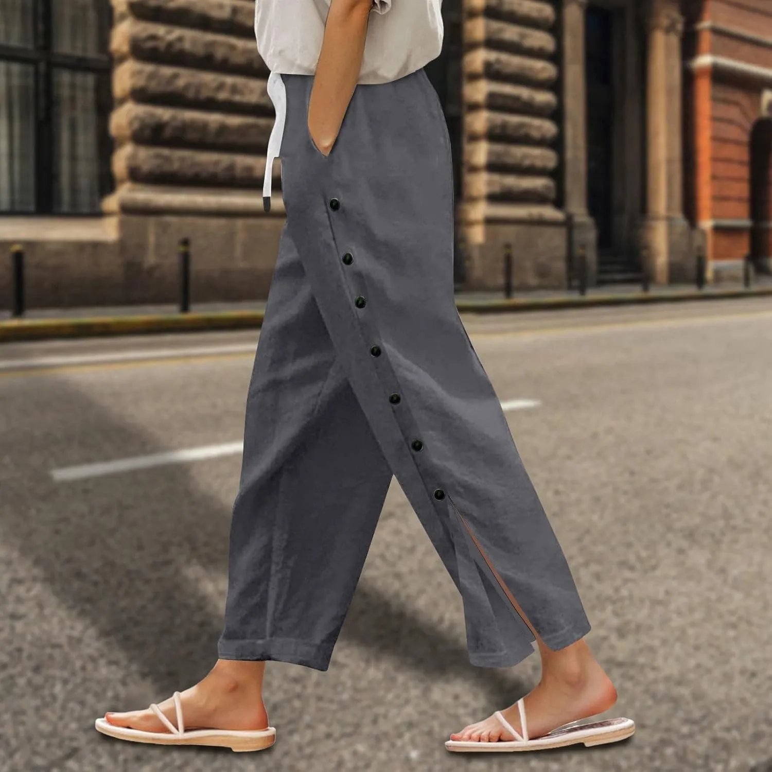 Women Beach Pants Linen Capri Pants Summer Casual Trousers Ladies Pinstripe Pant Drawstring Elastic Waist Pant