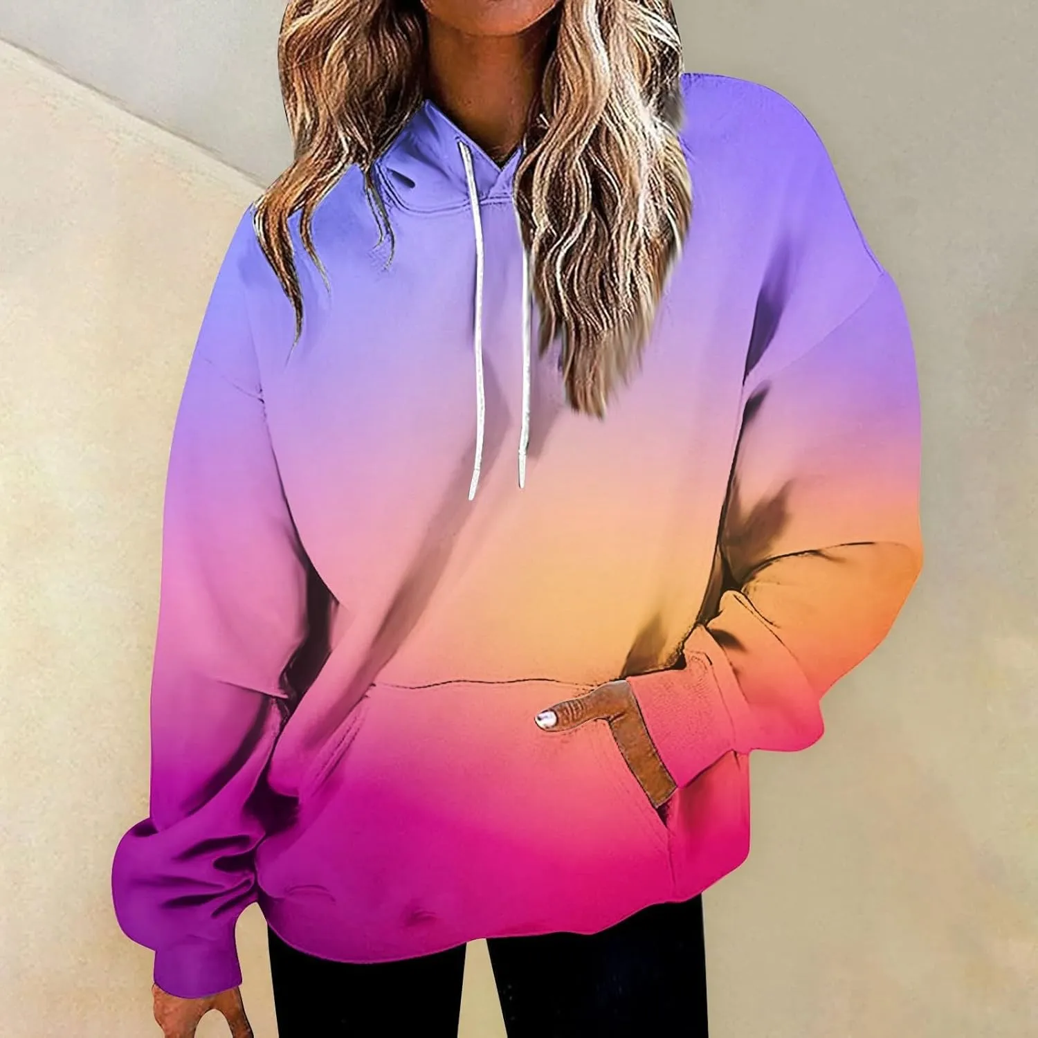 Women Casual Autumn Pullover Long Sleeve Plus Size Soft Hoodies Fashion Printed Sweatshirt with Pocket