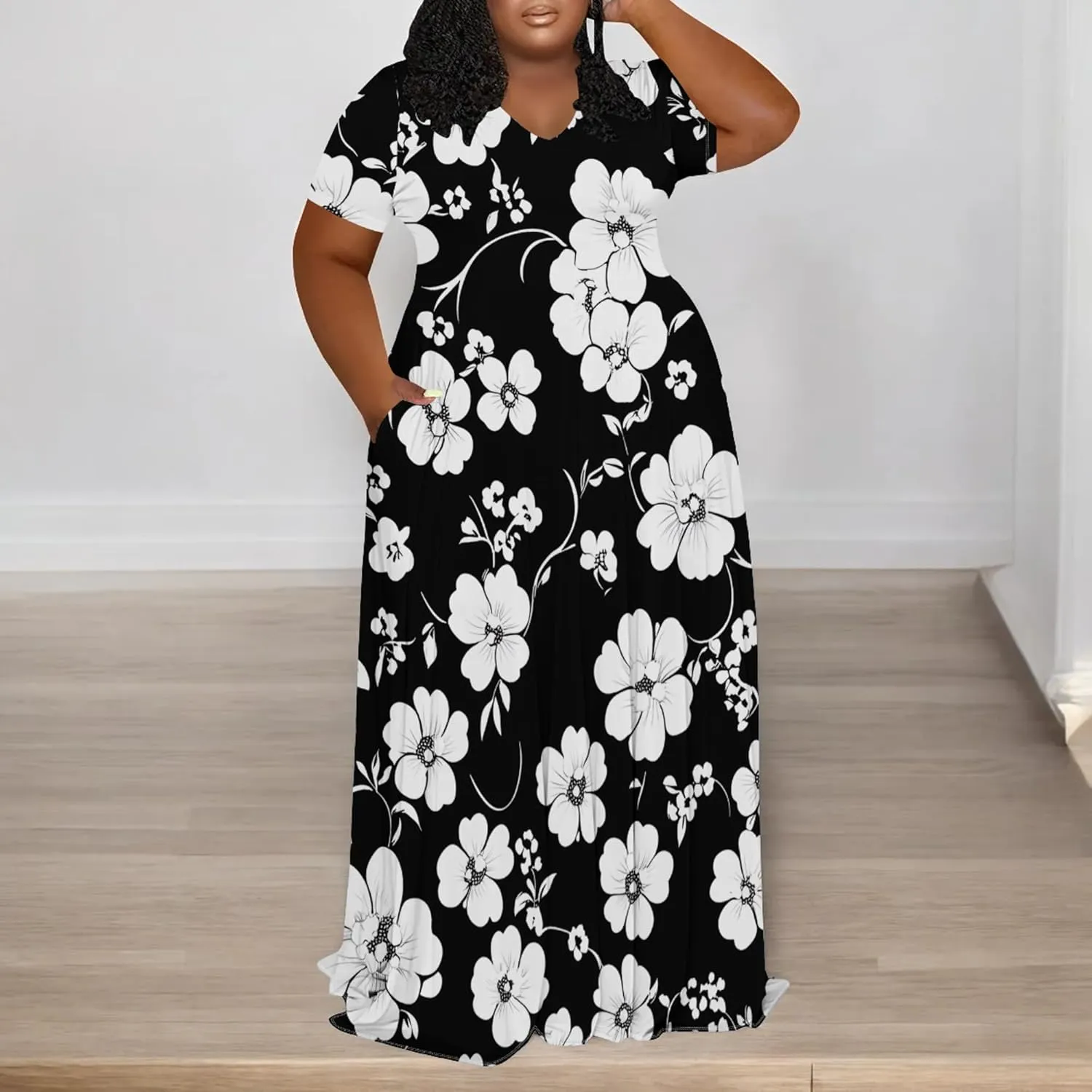 Women Casual Plus Size Maxi Dress Summer Short Sleeve V Neck Floral Print T Shirt Loose Oversize Flowy Long Dress with Pocket