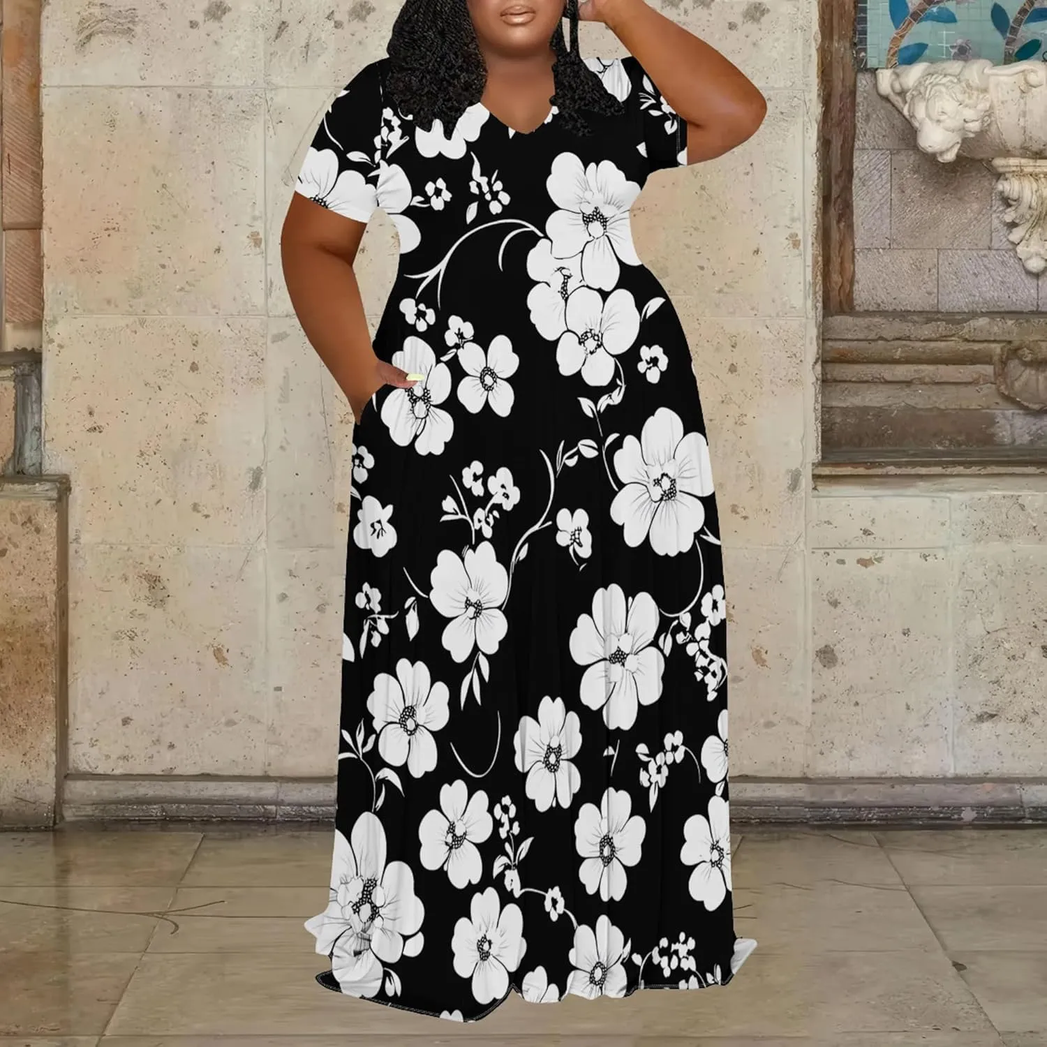 Women Casual Plus Size Maxi Dress Summer Short Sleeve V Neck Floral Print T Shirt Loose Oversize Flowy Long Dress with Pocket