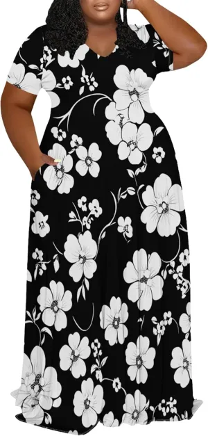 Women Casual Plus Size Maxi Dress Summer Short Sleeve V Neck Floral Print T Shirt Loose Oversize Flowy Long Dress with Pocket