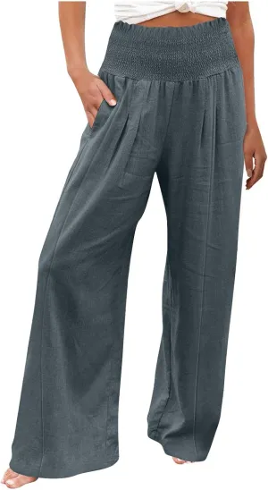 Women Cotton Linen Summer Fashion Palazzo Pants Elastic Waisted Stretchy Plus Size Palazzo Lounge Pants Beach