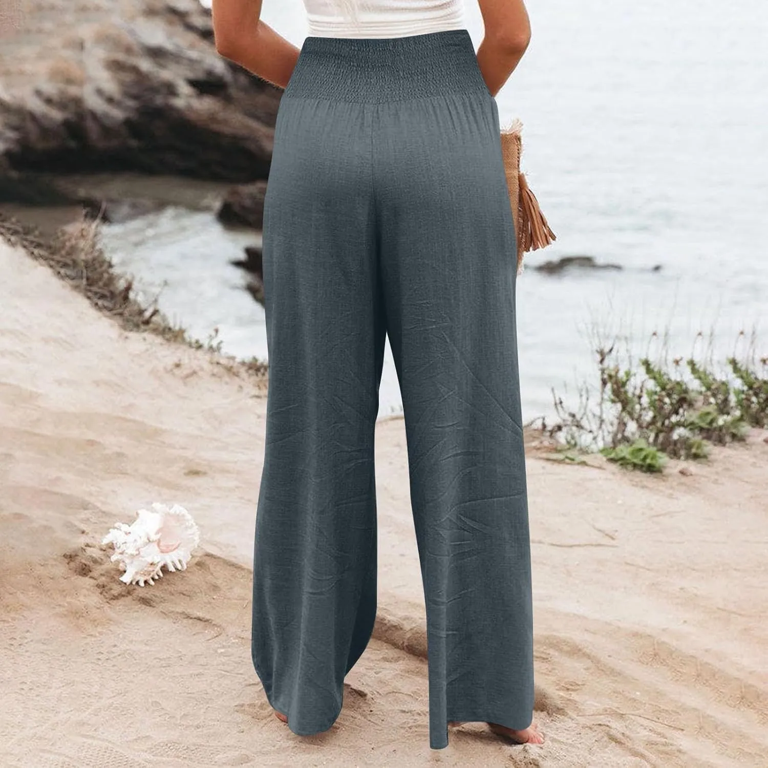 Women Cotton Linen Summer Fashion Palazzo Pants Elastic Waisted Stretchy Plus Size Palazzo Lounge Pants Beach
