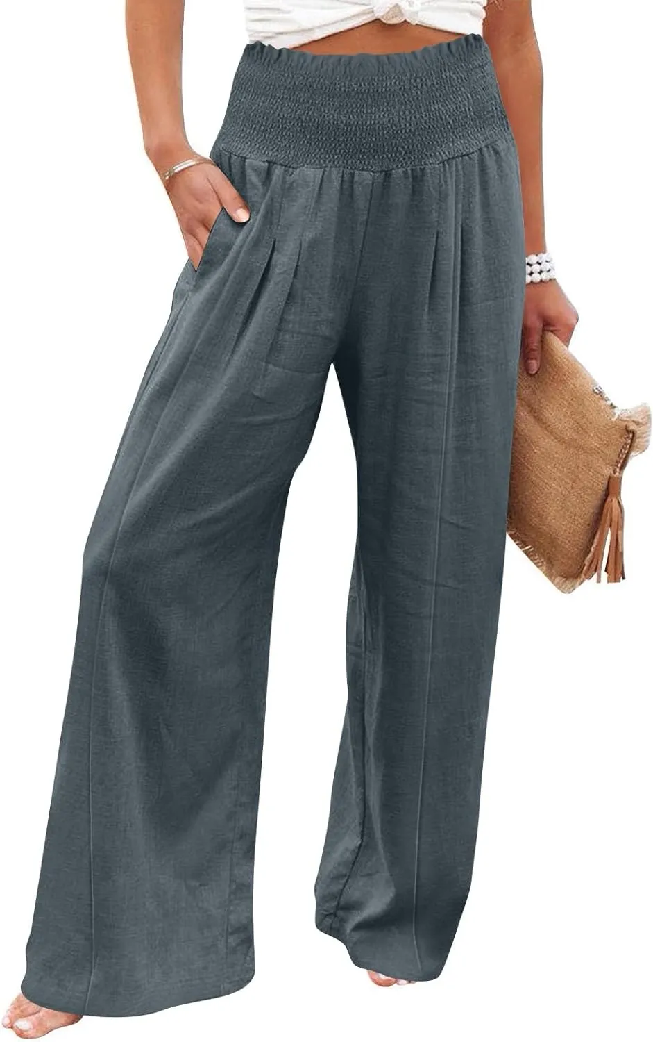 Women Cotton Linen Summer Fashion Palazzo Pants Elastic Waisted Stretchy Plus Size Palazzo Lounge Pants Beach