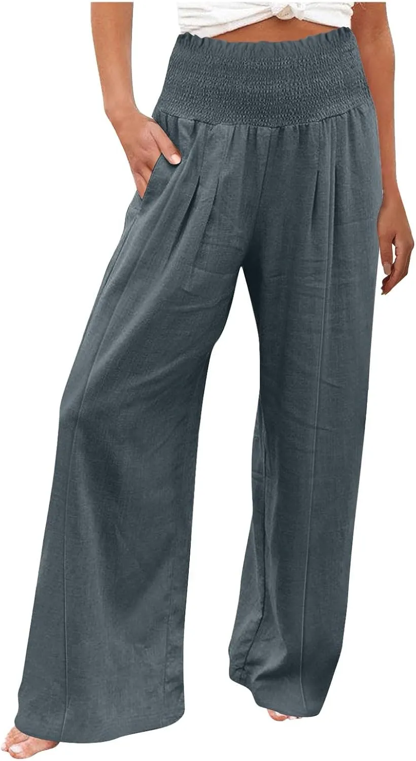 Women Cotton Linen Summer Fashion Palazzo Pants Elastic Waisted Stretchy Plus Size Palazzo Lounge Pants Beach