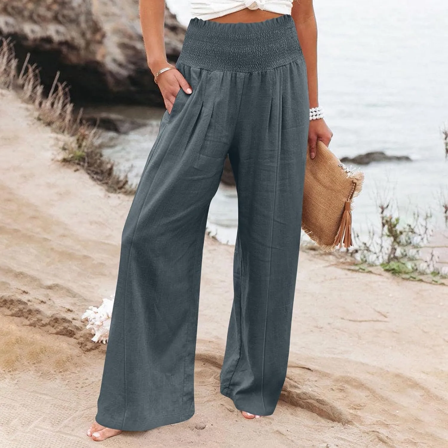Women Cotton Linen Summer Fashion Palazzo Pants Elastic Waisted Stretchy Plus Size Palazzo Lounge Pants Beach