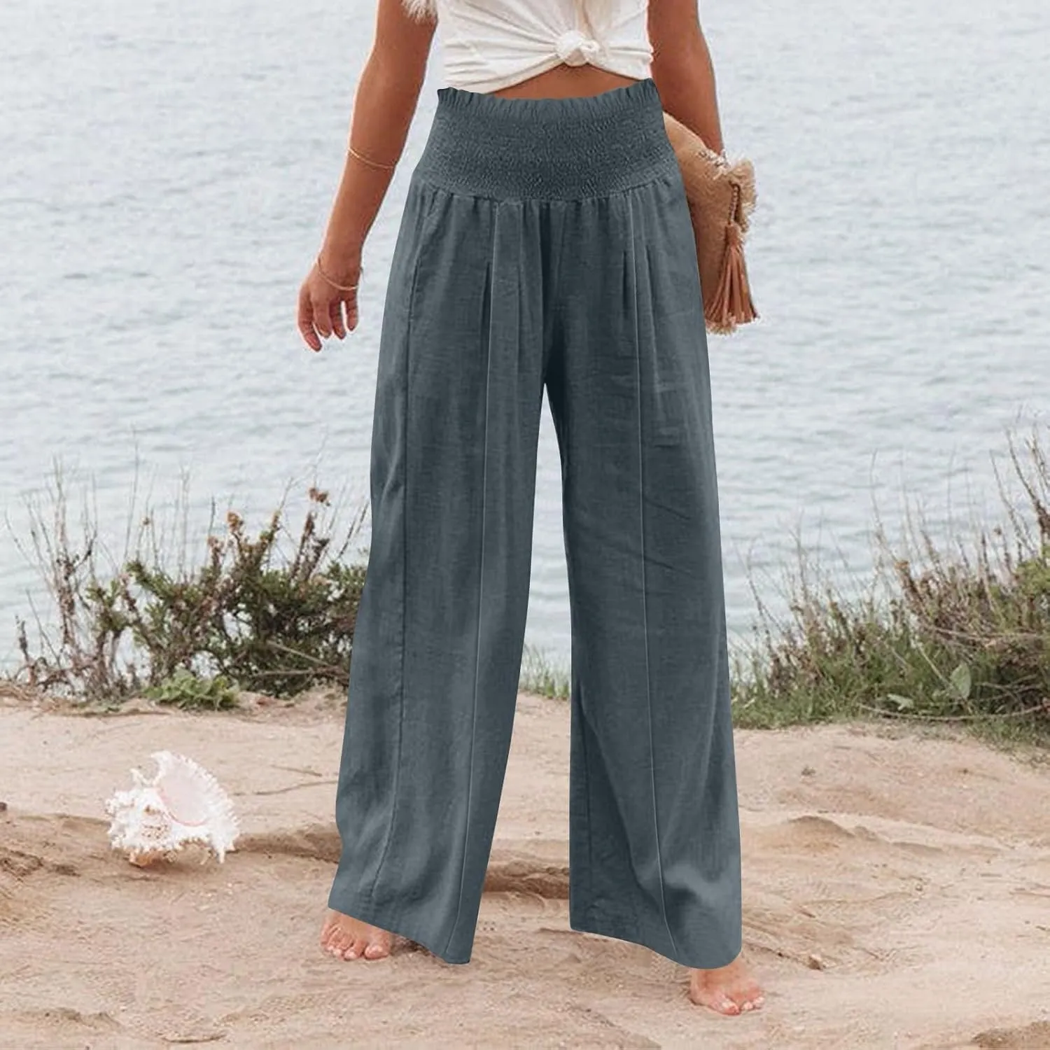 Women Cotton Linen Summer Fashion Palazzo Pants Elastic Waisted Stretchy Plus Size Palazzo Lounge Pants Beach