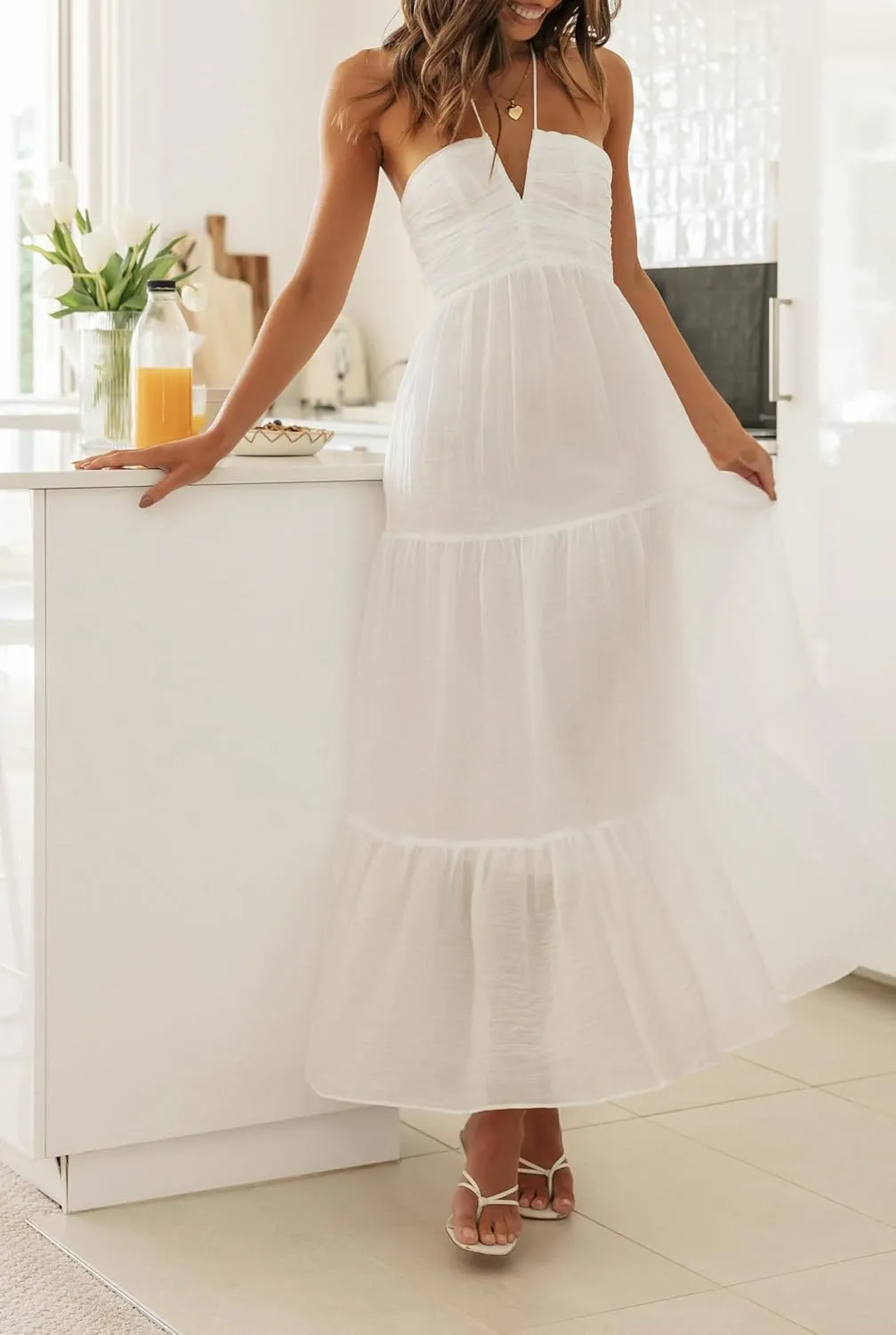 Women Halter Neck Maxi Dress Floral Flowy Backless Long Dress Y2K Low Cut Ruffle Sleeveless Sundress Beachwear