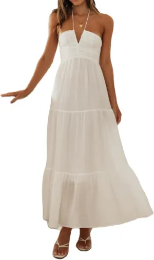 Women Halter Neck Maxi Dress Floral Flowy Backless Long Dress Y2K Low Cut Ruffle Sleeveless Sundress Beachwear