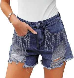 Women High Rise Ripped Denim Shorts Casual Stretch Tassels Raw Hem Jean Shorts