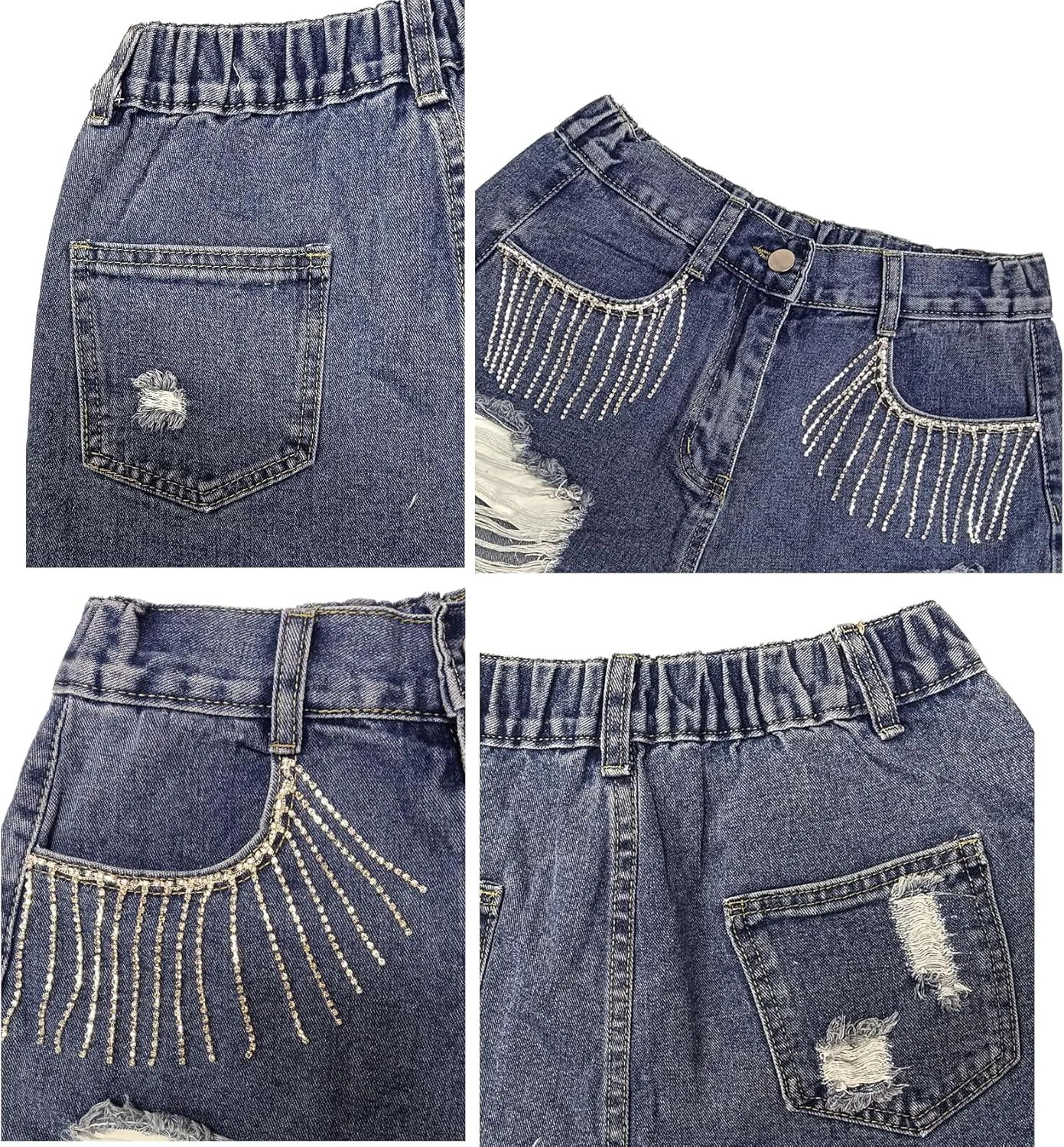 Women High Rise Ripped Denim Shorts Casual Stretch Tassels Raw Hem Jean Shorts