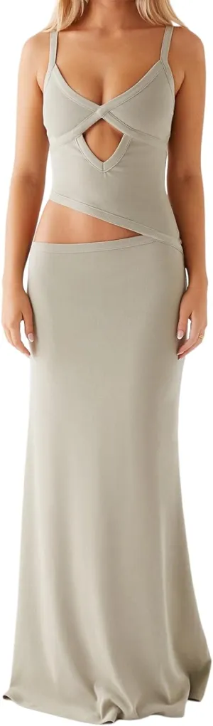 Women Hollow Slip Maxi Dress V Neck Sleeveless Backless Solid Color Swing Long Dresses Y2k Cocktail Party Streetwear