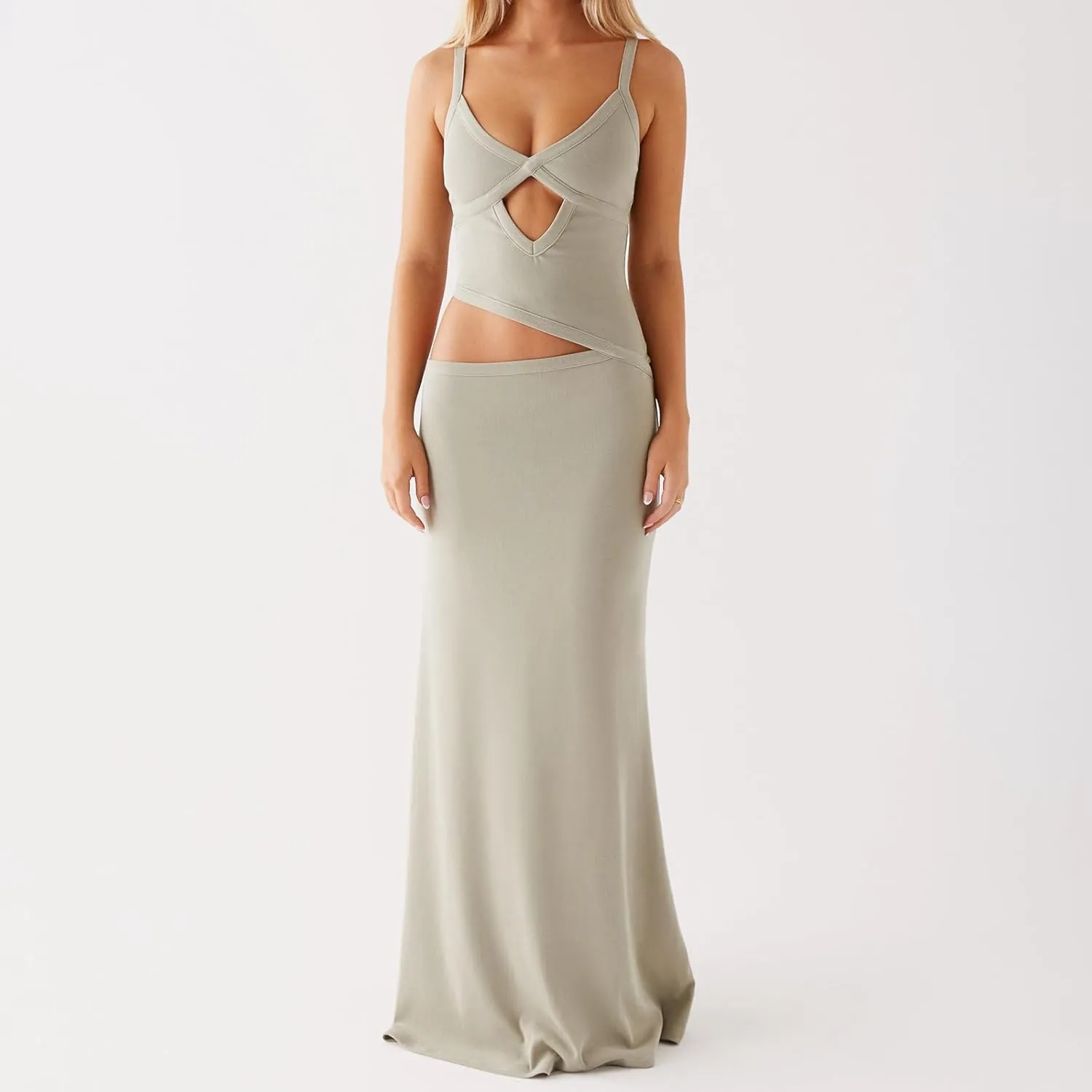 Women Hollow Slip Maxi Dress V Neck Sleeveless Backless Solid Color Swing Long Dresses Y2k Cocktail Party Streetwear