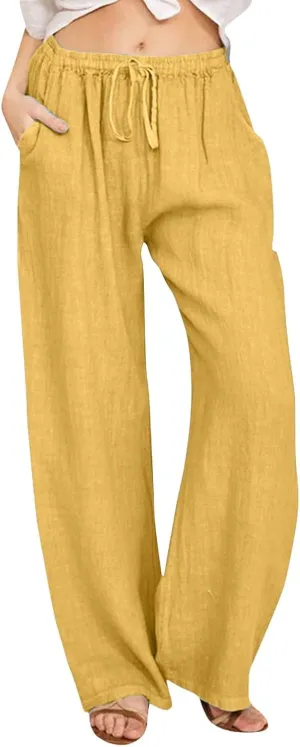 Women Linen Blend Summer Comfy Palazzo Lounge Pants Elastic Waisted Baggy Stretchy Loose Fit Pant Trousers