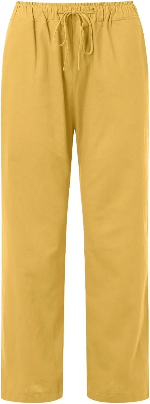 Women Linen Blend Summer Comfy Palazzo Lounge Pants Elastic Waisted Baggy Stretchy Loose Fit Pant Trousers