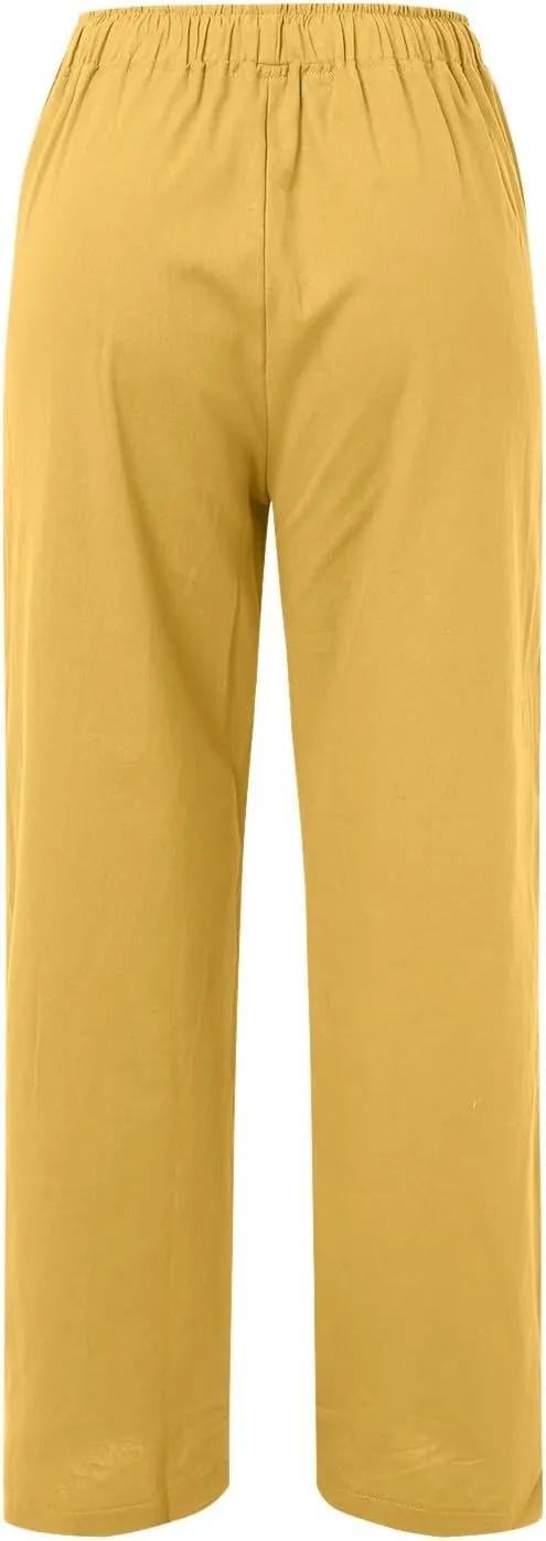 Women Linen Blend Summer Comfy Palazzo Lounge Pants Elastic Waisted Baggy Stretchy Loose Fit Pant Trousers