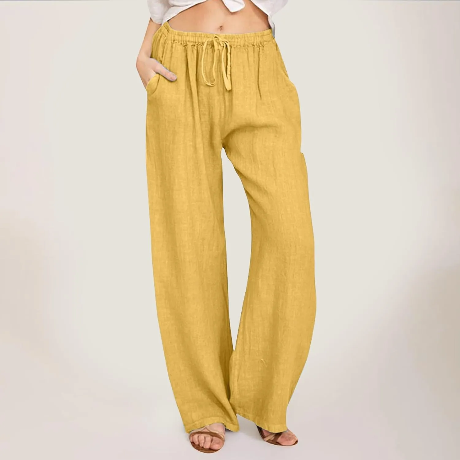 Women Linen Blend Summer Comfy Palazzo Lounge Pants Elastic Waisted Baggy Stretchy Loose Fit Pant Trousers
